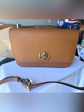 Ralph Lauren Brown Pebbled Leather Crossbody with Gold RL Emblem